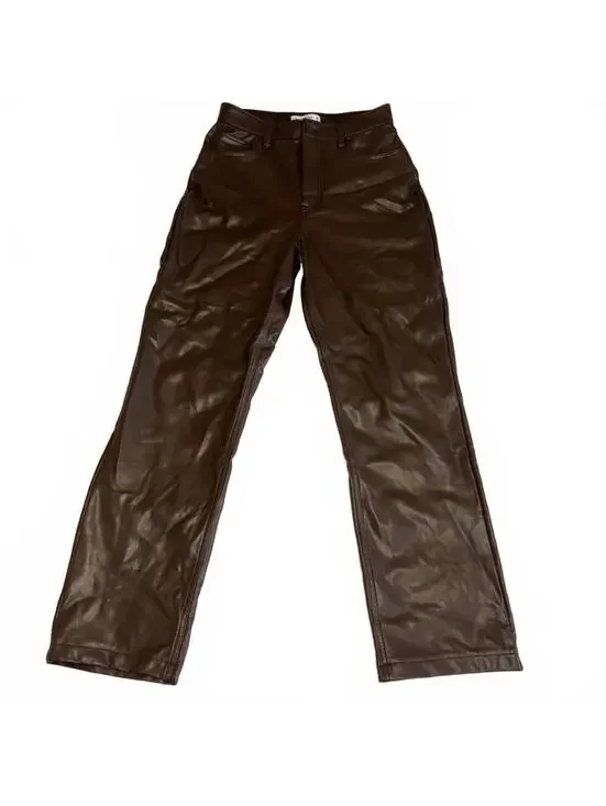 Abercrombie & Fitch The 90s Straight Ultra High Rise Brown Leather Pants 28 6/R - Picture 2 of 9